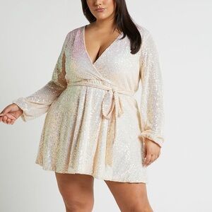 Showpo Sequin Long Sleeve Dress in Iridescent Cream